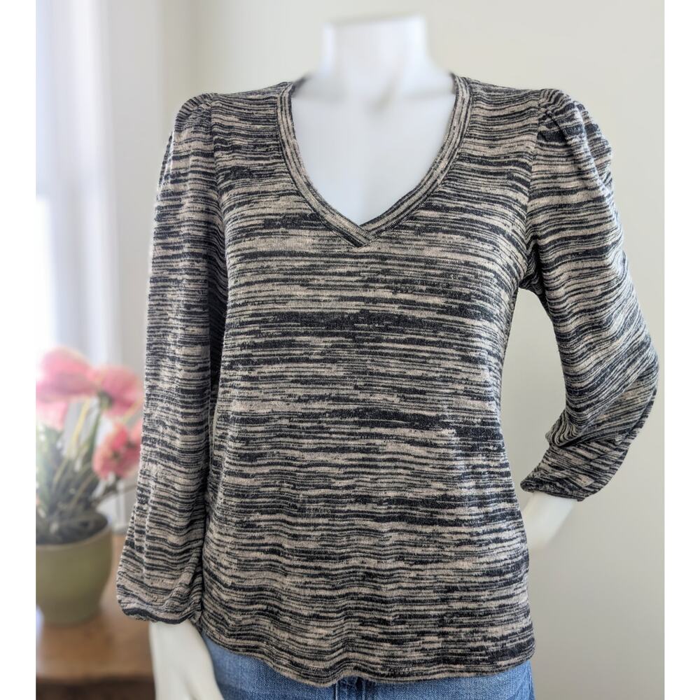 Supply & Demand Fleece Top XS Brown Black Lightweight Stretch Puff Sleeve NEW